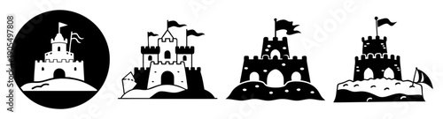 Vector icon set of detailed sandcastle illustrations on white background for beach vacation and summer travel designs