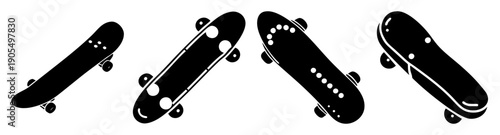 Set of four black skateboards with wheels vector icon isolated on white background for sports and urban lifestyle design