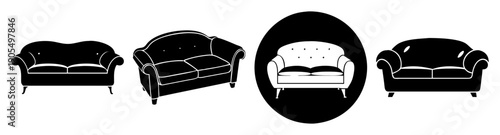 Modern black sofa set vector icon isolated living room furniture collection minimalist design flat style home decor illustration