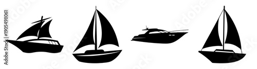 Set of four modern sailboat and yacht vector icons isolated on white background for travel and marine design