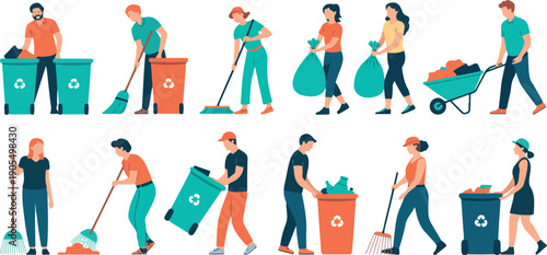 People Cleaning Environment Vector Set with Volunteers Recycling and Collecting Trash