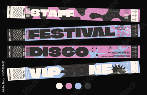 Control ticket bracelets for events, disco, festival, fan zone, party, staff. Vector mockup of a festival bracelet