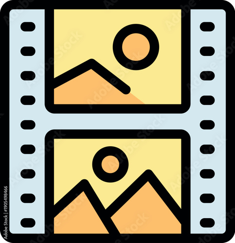 Film strip displaying two identical landscape pictures, featuring mountains and sun, evoking concepts of photography, memories, and nature