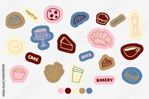 Stickers of bakery and coffee shops. Minimalistic labels fresh pastries and hot drinks.Collection of various patches, tags, sticker and stamps, trendy promo labels
