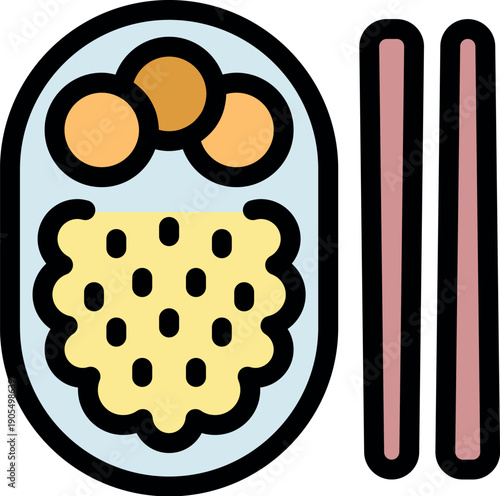 Traditional asian cuisine featuring rice, meatballs, and chopsticks, ready to be enjoyed