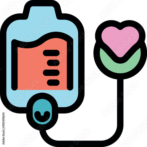 Blood bag and heart shaped flower symbolizing love, care, and the importance of blood donation