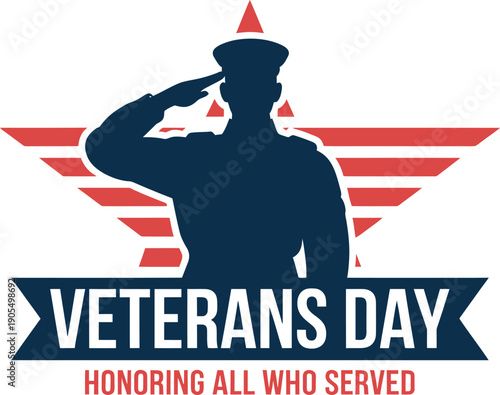 Veterans Day badge with saluting soldier silhouette, patriotic star emblem and honoring all who served typography vector