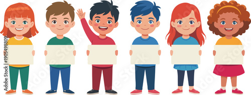 Happy Children Holding Blank Sign Boards Vector Illustration for Education and Announcements