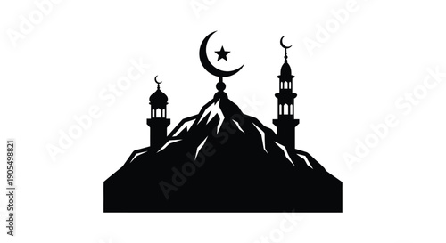 Islamic Mosque Silhouette with Crescent Moon and Star on Mountain Peak
