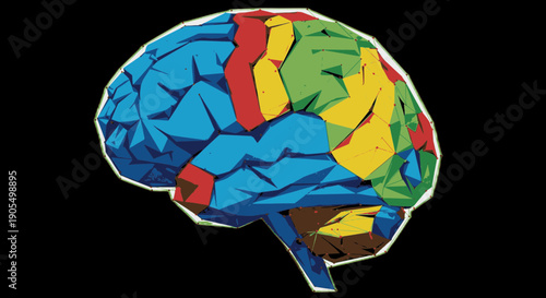 Conceptual representation of a human brain with a variety of vibrant colors indicating different cognitive sections set against a dark background