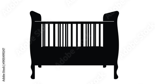 Simple black silhouette of a baby crib with vertical bars against a white background