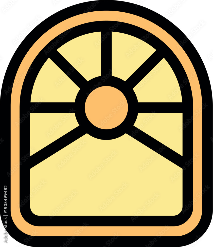 Naklejka premium Bright arched window with a sunburst pattern in warm yellow tones