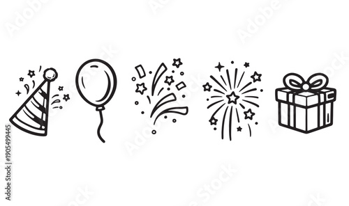 Hand drawn party icon set: Hat, balloon, confetti, fireworks, and gift box doodles