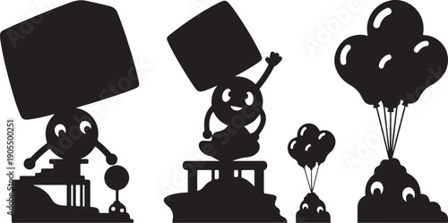 Silhouette of cartoon characters with balloons and signs happily