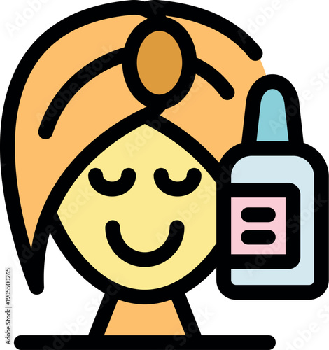 Smiling beautician holding hair oil bottle, promoting hair care and treatment for healthy, shiny hair