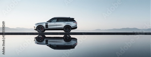 Silver SUV reflects in water by mountains at dusk - ai generated
