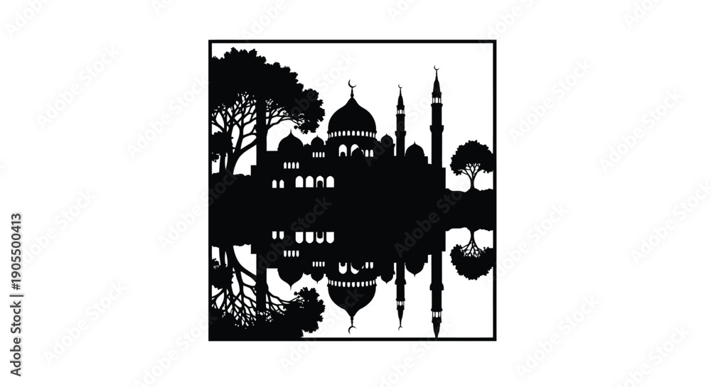 Obraz premium Mosque Silhouette with Dome and Minaret by the Lake at Night in Black and White
