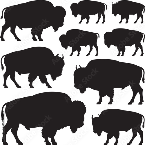 Set of bison silhouettes in various poses and sizes