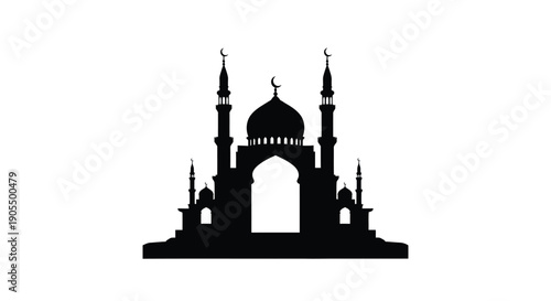 Mosque Silhouette with Domes and Minarets on White Background