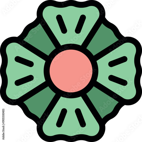 Simple cartoon green flower with four petals and pink center blooming beautifully, isolated on white background