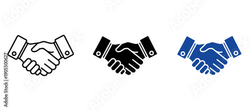 Handshake Icon Set for Business Partnership, Agreement, and Collaboration. Vector Illustration of Minimalist Deal Symbols in Outline, Solid Black, and Blue Flat Styles for Corporate Professional Use.