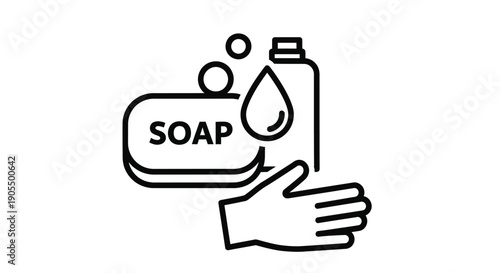 Line art illustration of a hand washing with soap under running water