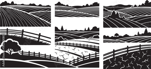 Black and white farm landscape illustrations with fences and fields