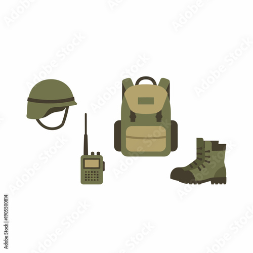 Flat vector illustration of generic military equipment set including helmet, backpack, radio and boots, simple geometric shapes