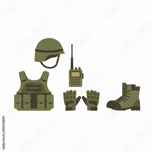 Flat vector illustration of military protective gear set including vest, helmet, gloves and boots, minimal design
