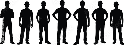 Construction worker silhouettes collection, builder engineer standing poses set, industrial labor profession concept isolated on white background illustration design