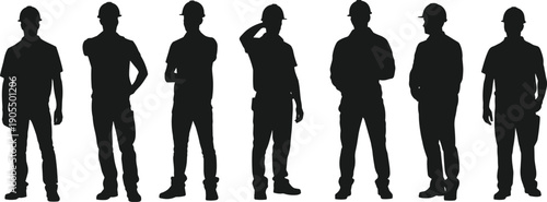 Construction worker silhouettes set, builder engineer standing poses collection, industrial labor profession concept isolated on white background illustration design