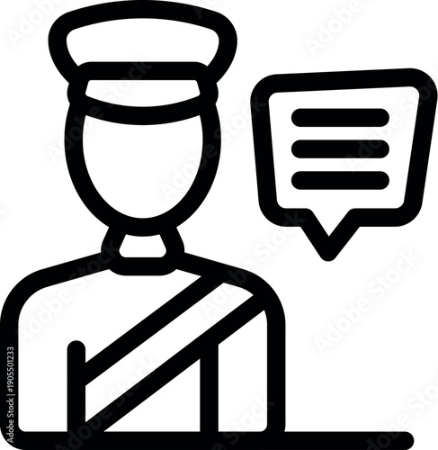 Simple black and white vector icon of a police officer making an announcement, represented by a speech bubble