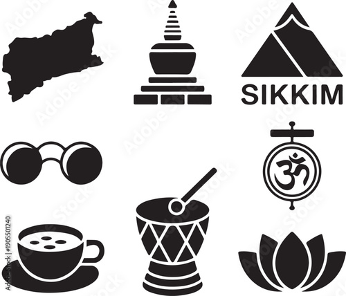 Sikkim icons and symbols in black on white background