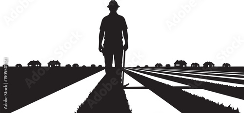 Farmer standing in a field with tractor silhouettes background
