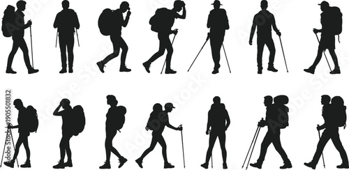 Hiker silhouette collection with trekking poles, backpackers walking poses set, outdoor adventure travel people isolated on white background vector illustration