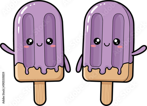 Two cute kawaii purple popsicle characters waving, smiling cartoon ice cream bars on sticks vector for summer treats and playful designs.