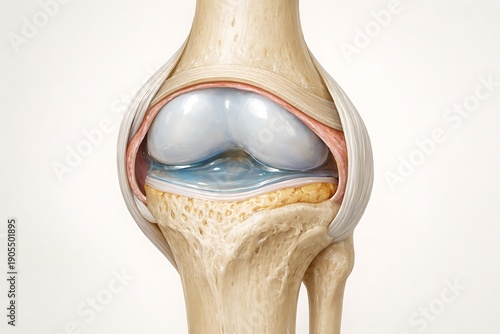Anatomical Illustration of Human Knee Joint with Femur, Tibia, Articular Cartilage, and Meniscus Structure