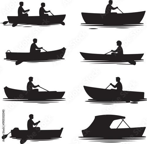 Silhouette of people rowing in various boats on water  recreational activities