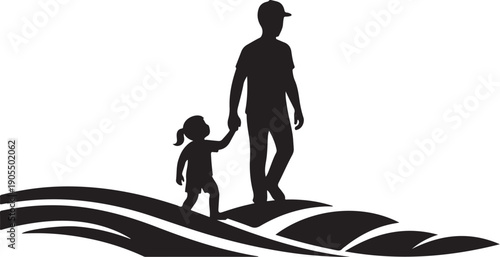 Silhouette of a father and child walking on hills