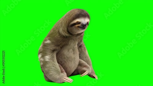 Cute Three-Toed Sloth Sitting and Moving Slowly on Green Screen Background, Realistic Animal Animation