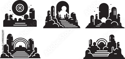 Black and white cityscape silhouettes with rainbow elements