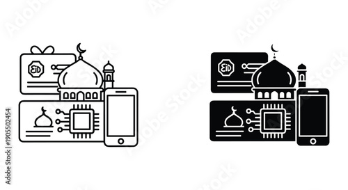 Minimalist mosque and kaaba icons set with smartphone and tablet mockups for islamic apps and web design