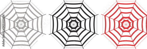 Vector illustration set of three spider webs in grey, black, and red styles for spooky Halloween party decoration design