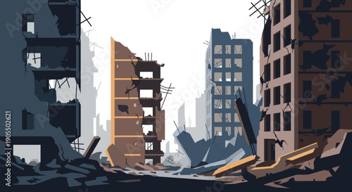 Damaged buildings in a cityscape after a disaster.