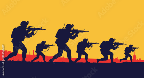 Silhouetted soldiers advancing in formation against a vibrant yellow and red background.