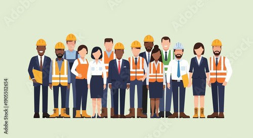 Diverse group of professionals wearing hard hats and safety vests standing together.