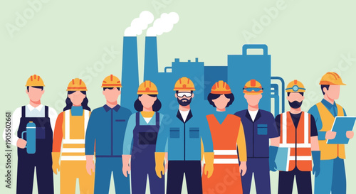 Diverse group of industrial workers in safety gear standing together.