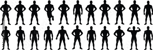 Muscular male bodybuilder silhouettes collection, fitness athlete posing set, strong men standing poses isolated on white background vector illustration design