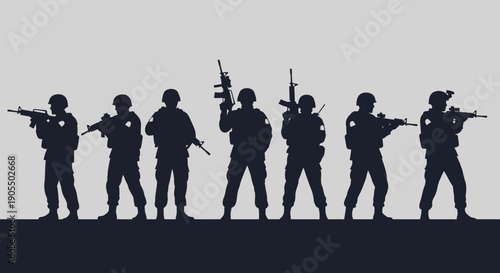 Silhouettes of soldiers standing in line with rifles.