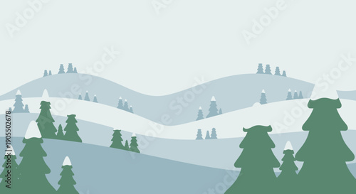Serene Winter Landscape with Rolling Hills and Silhouetted Trees.